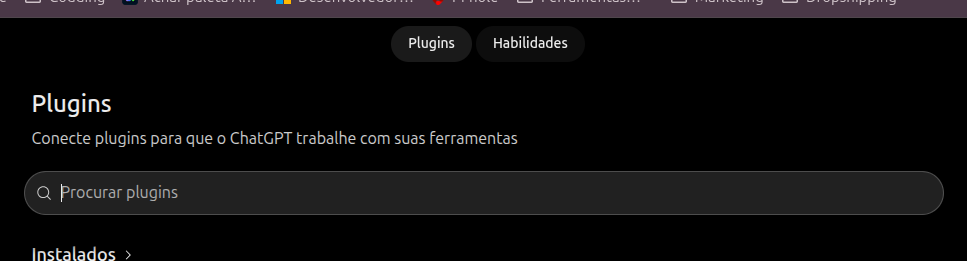 Captura da página Plugins na aba Habilidades